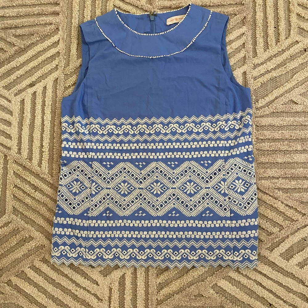 Tory Burch Cotton Blue Top with White Embroidery Design